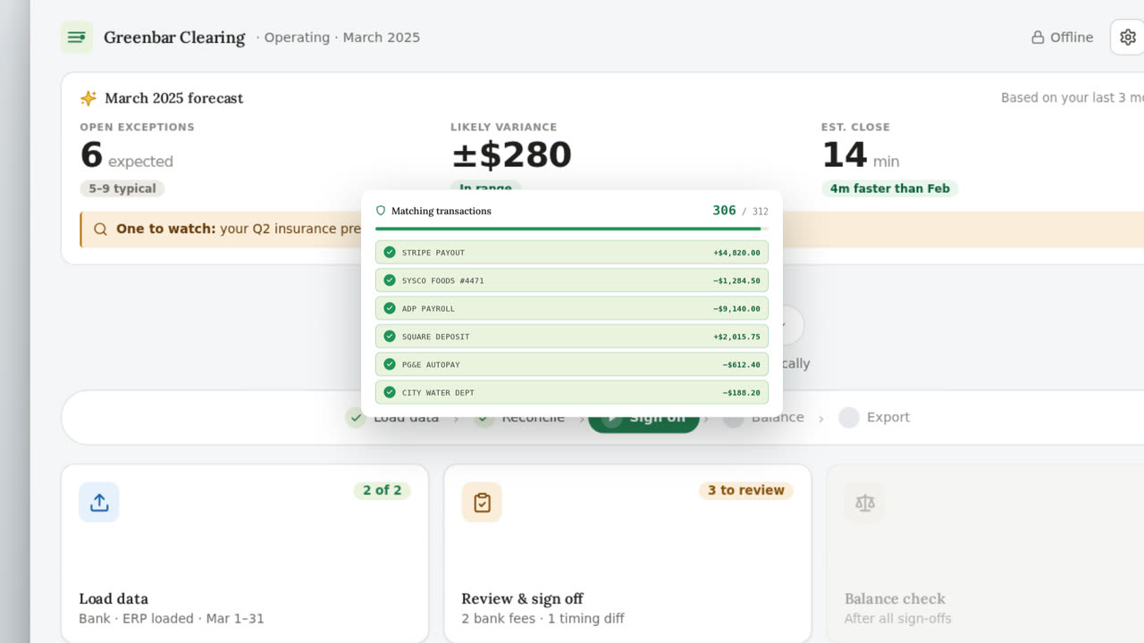 Clearing matching bank lines to the ledger, using demonstration data.